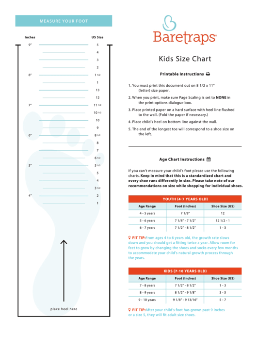 Baretraps Kids Shoe Size Chart printable pdf download