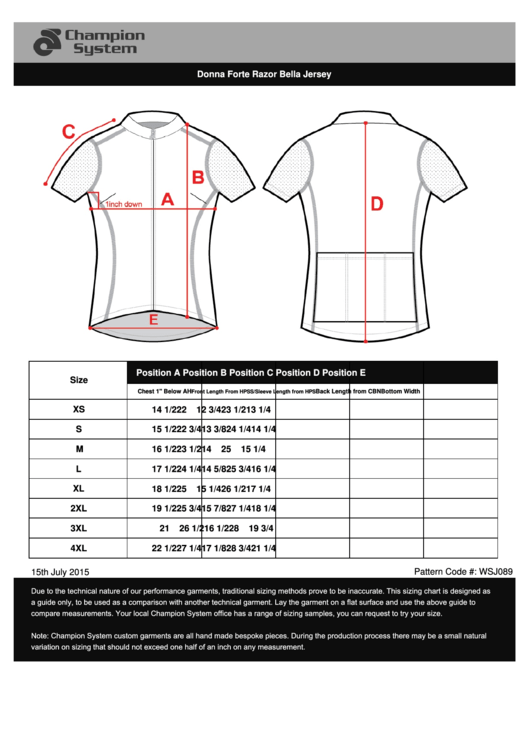 Champion System Donna Forte Razor Bella Jersey Size Chart printable pdf