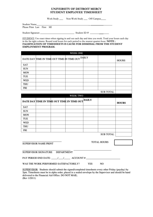 Student Employee Timesheet Template printable pdf download