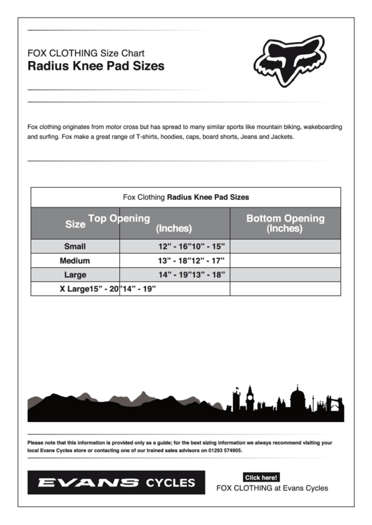 Radius Knee Pad Size Chart printable pdf download
