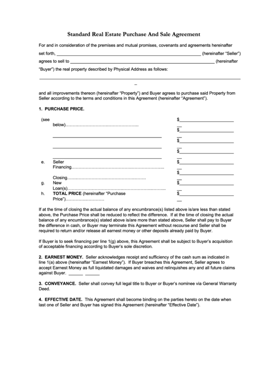 Standard Real Estate Purchase And Sale Agreement printable pdf download