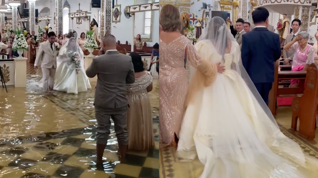 Watch Filipino bride walks down flooded aisle after Typhoon Doksuri