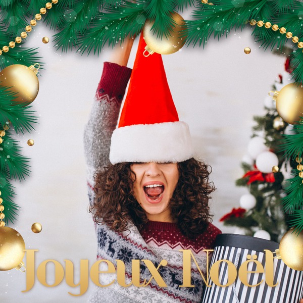 Golden decoration and christmas tree branch Photo frame effect Pixiz