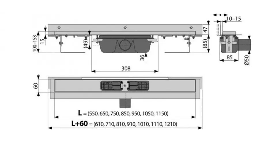 Alcadrain Douchegoten Douchegoot Flexible 850 mm, met verstelbare