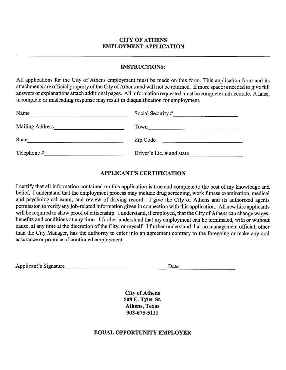 City of Athens, Texas Employment Application Form Fill Out, Sign