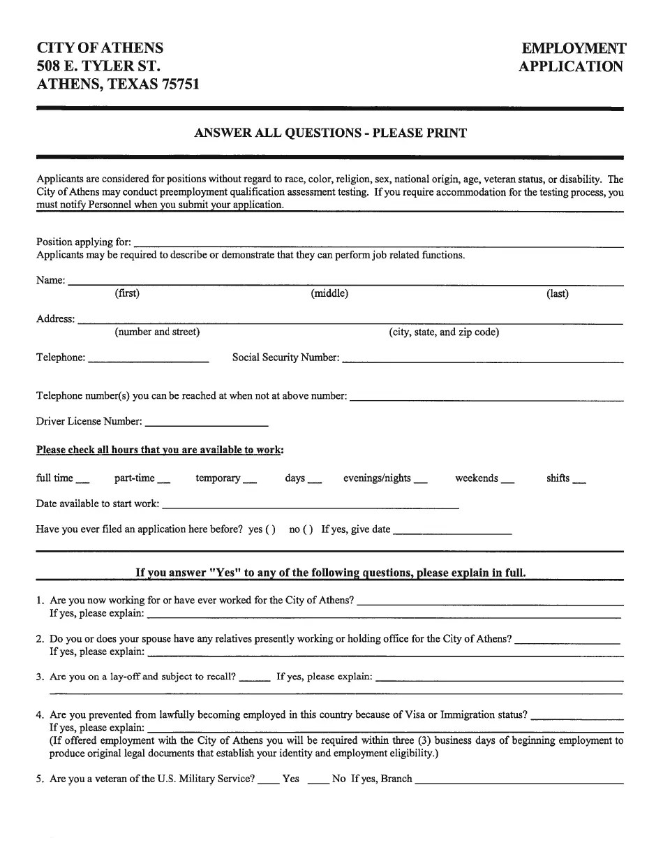 City of Athens, Texas Employment Application Form Fill Out, Sign