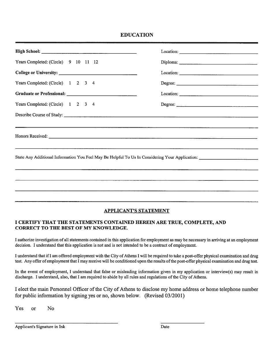 City of Athens, Texas Employment Application Form Fill Out, Sign