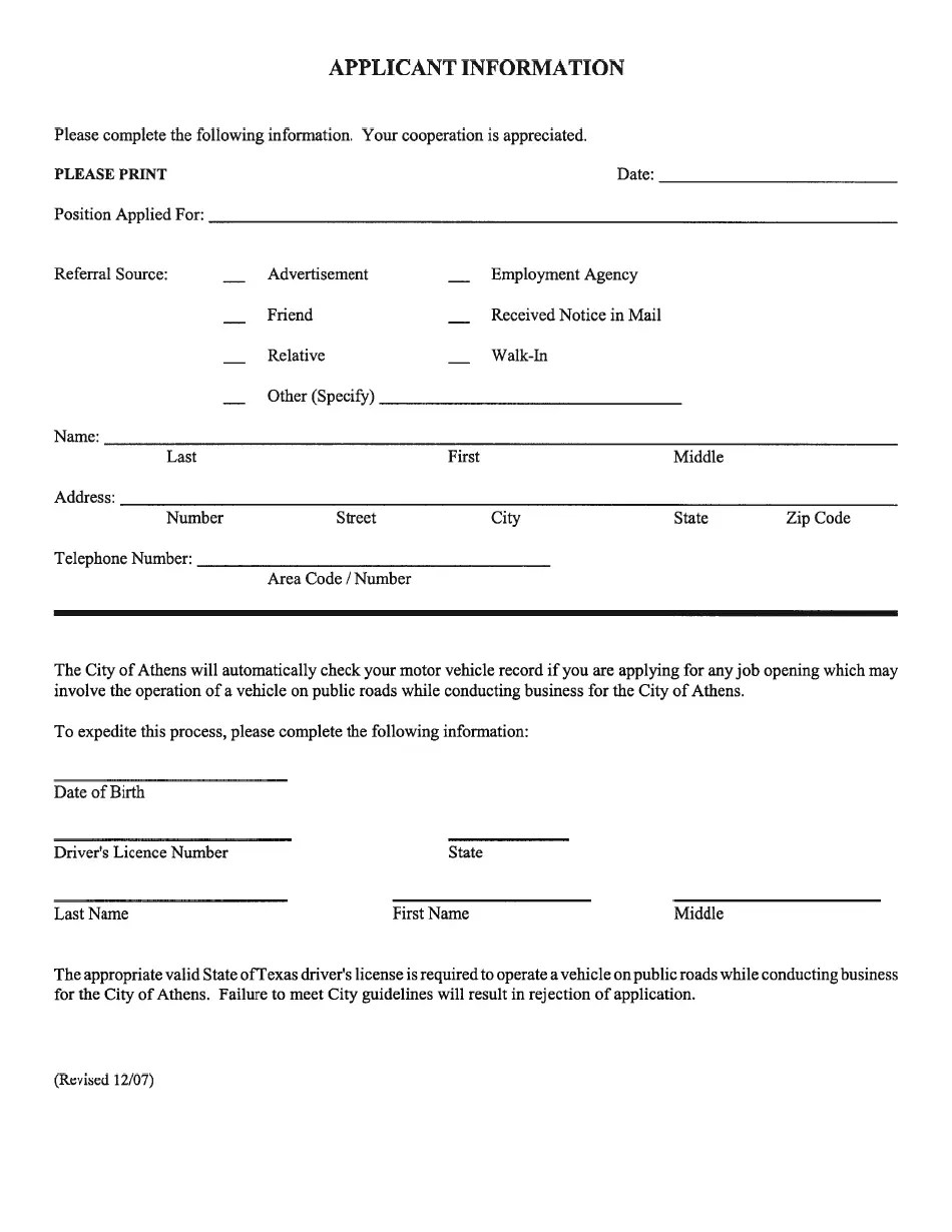 City of Athens, Texas Employment Application Form Fill Out, Sign