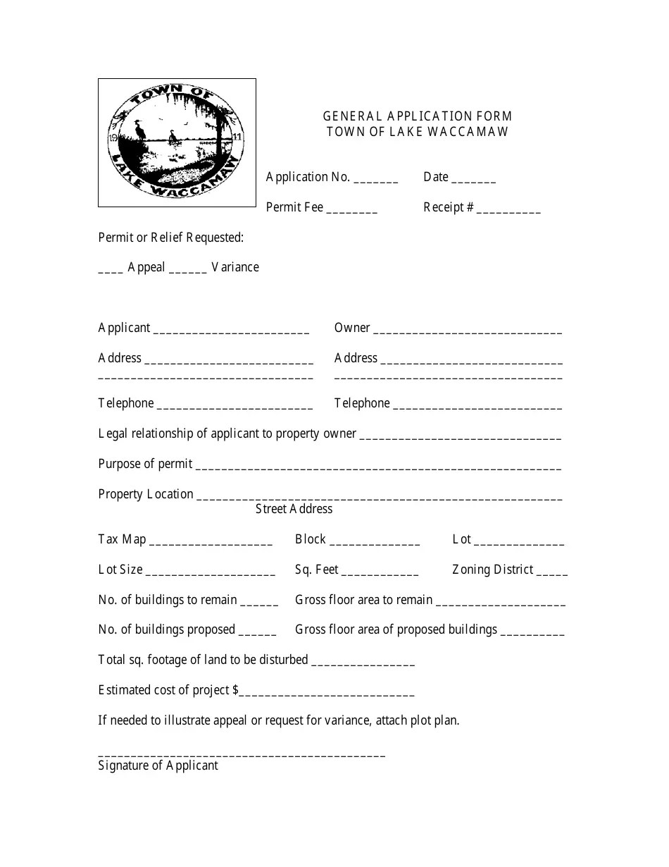 Town of Lake Waccamaw, North Carolina General Application Form Fill
