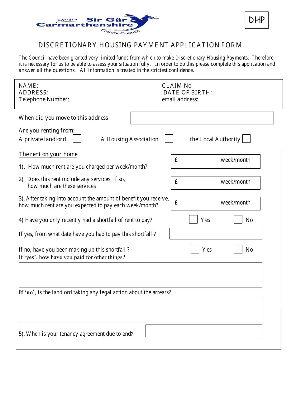 Carmarthenshire United Kingdom Discretionary Housing Payment Application Form Fill Out, Sign
