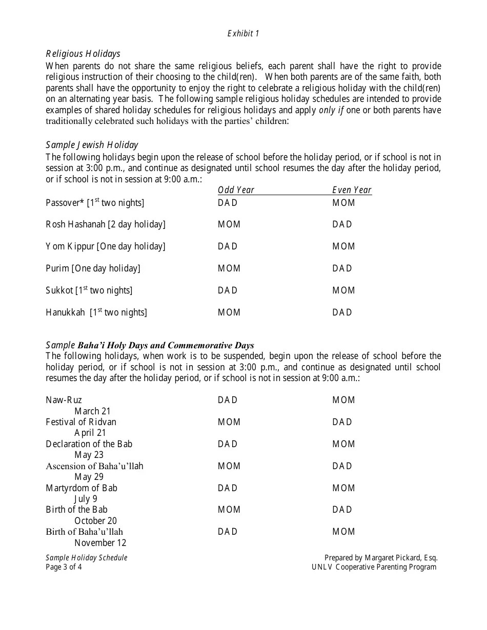 Sample Holiday and Vacation Schedule Unlv Cooperative Parenting