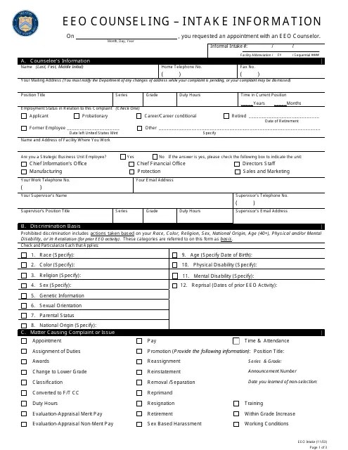 EEO Counseling Intake Form Download Printable PDF Templateroller