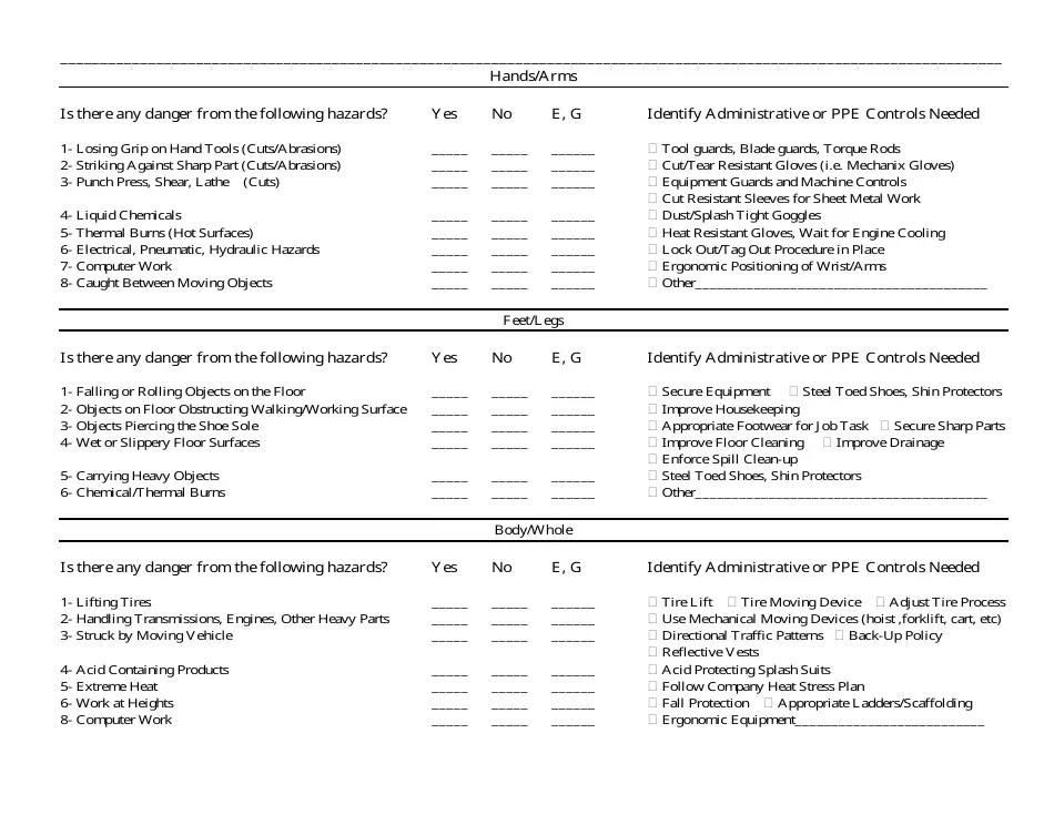 Personal Protective Equipment Hazard Assessment Form Lines Fill Out