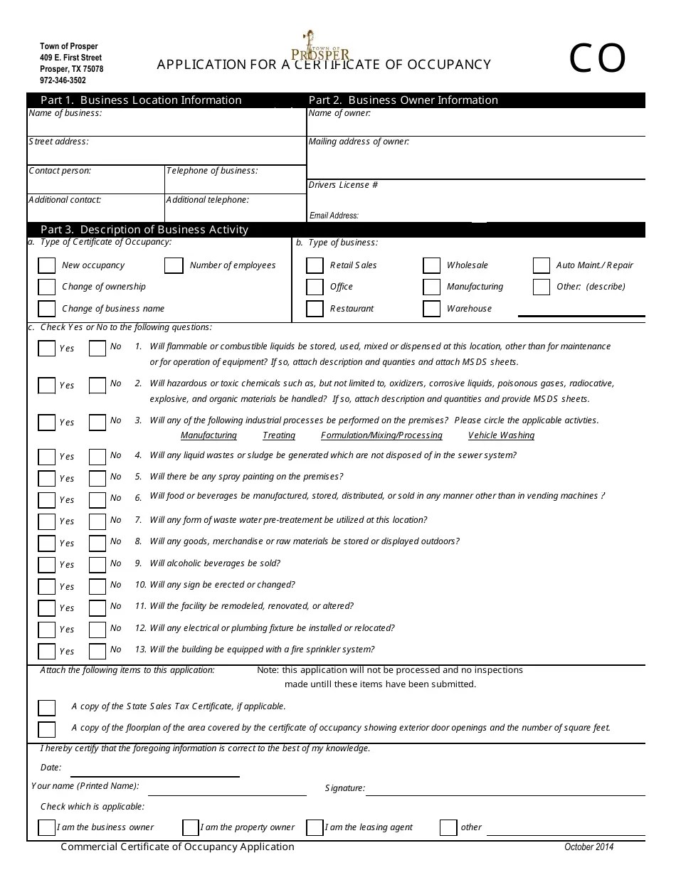 Town of Prosper, Texas Application for a Certificate of Occupancy Form