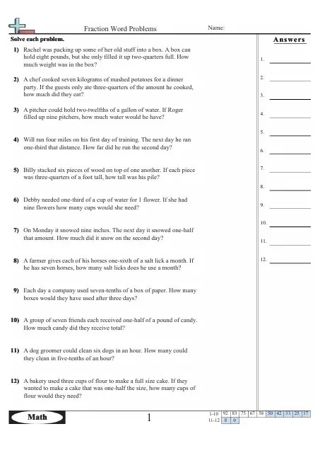 Fraction Word Problems Worksheet With Answer Key - 4 Download Printable