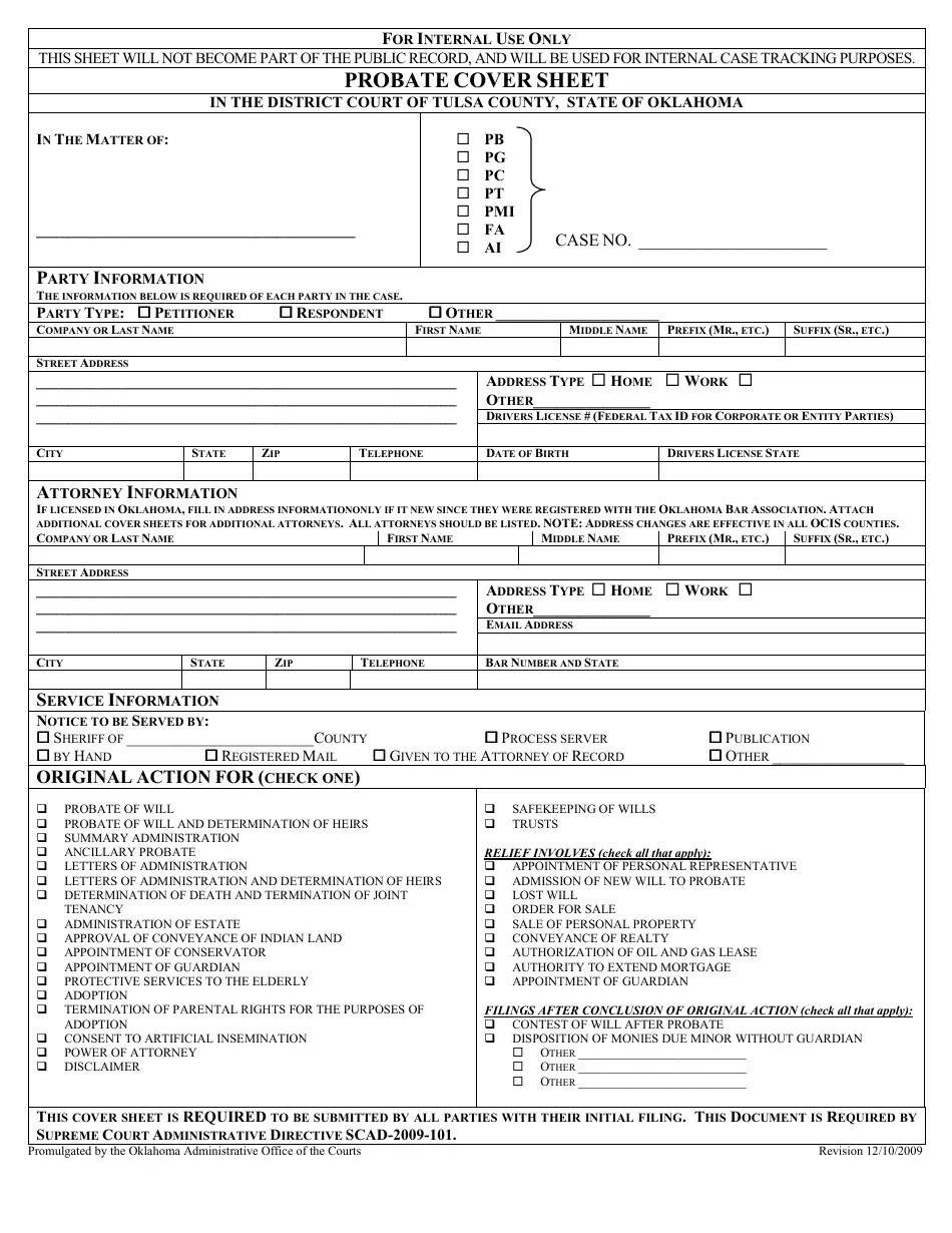 Tulsa County, Oklahoma Probate Cover Sheet Fill Out, Sign Online and