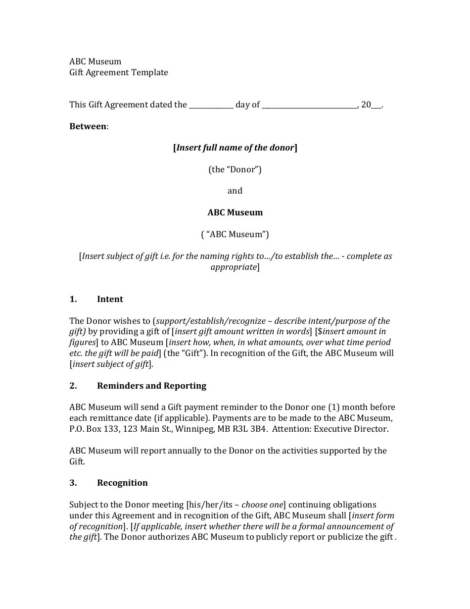 Gift Agreement Template Fill Out, Sign Online and Download PDF