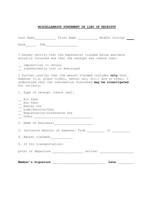 Miscellaneous Statement in Lieu of Receipts Template Download Printable
