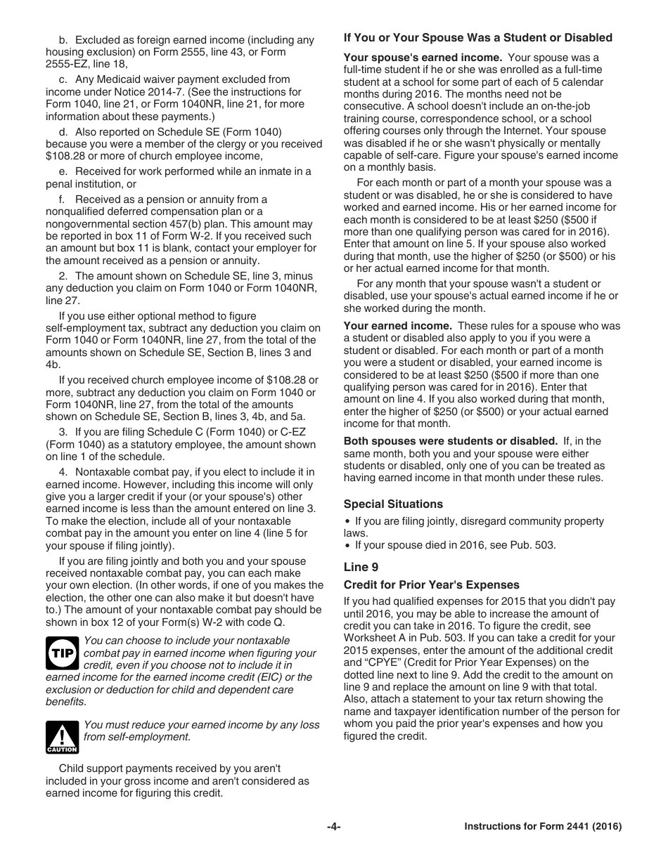 Download Instructions for IRS Form 2441 Child and Dependent Care