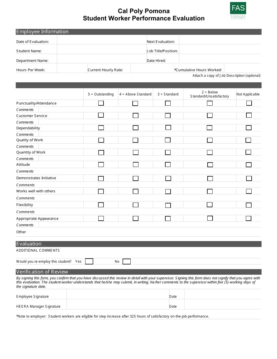 Student Worker Performance Evaluation Form Cal Poly Pomona Fill Out