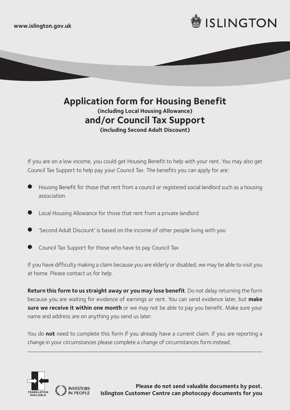 Islington, Greater London United Kingdom Application Form for Housing Benefit (Including Local
