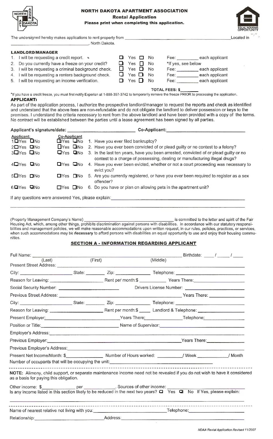 North Dakota Rental Application Form North Dakota Apartment