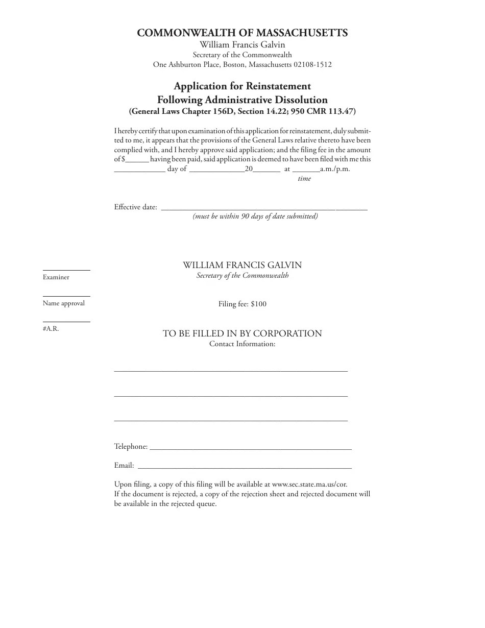 Massachusetts Application for Reinstatement Following Administrative