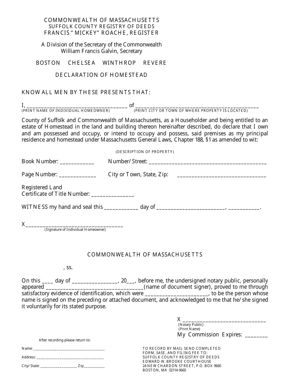 SUFFOLK COUNTY, Massachusetts Declaration of Homestead Form Fill Out