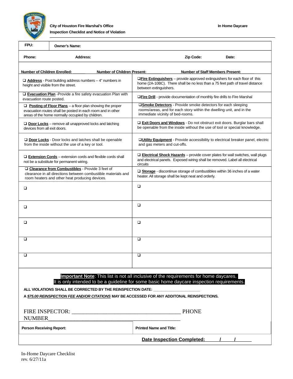 City of Houston, Texas Inspection Checklist and Notice of Violation