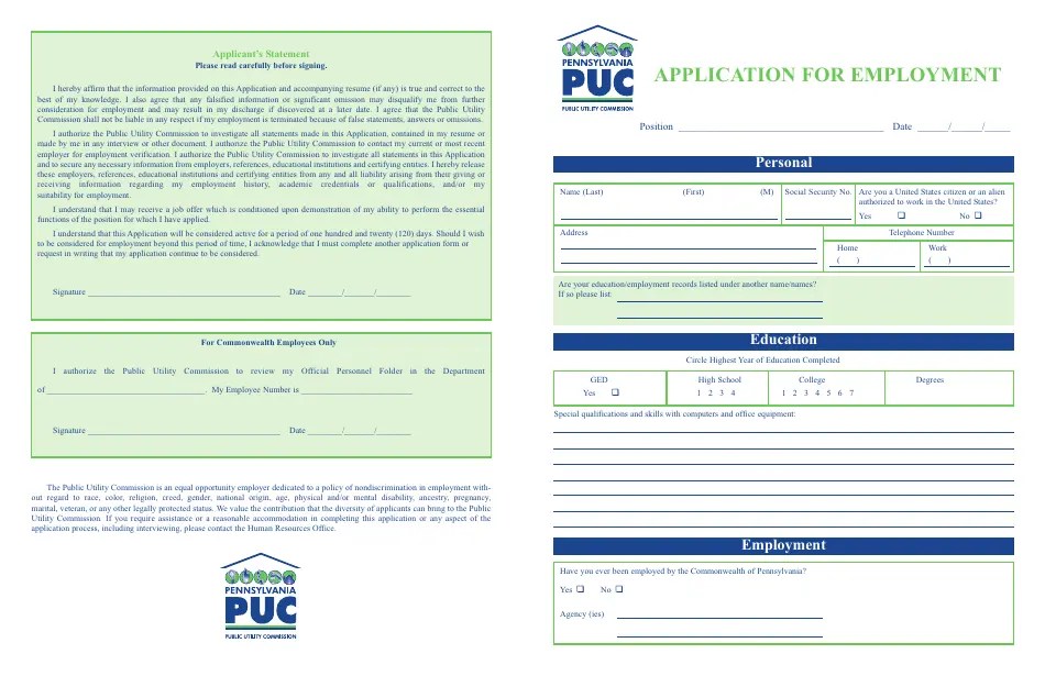 Pennsylvania Application for Employment Fill Out, Sign Online and