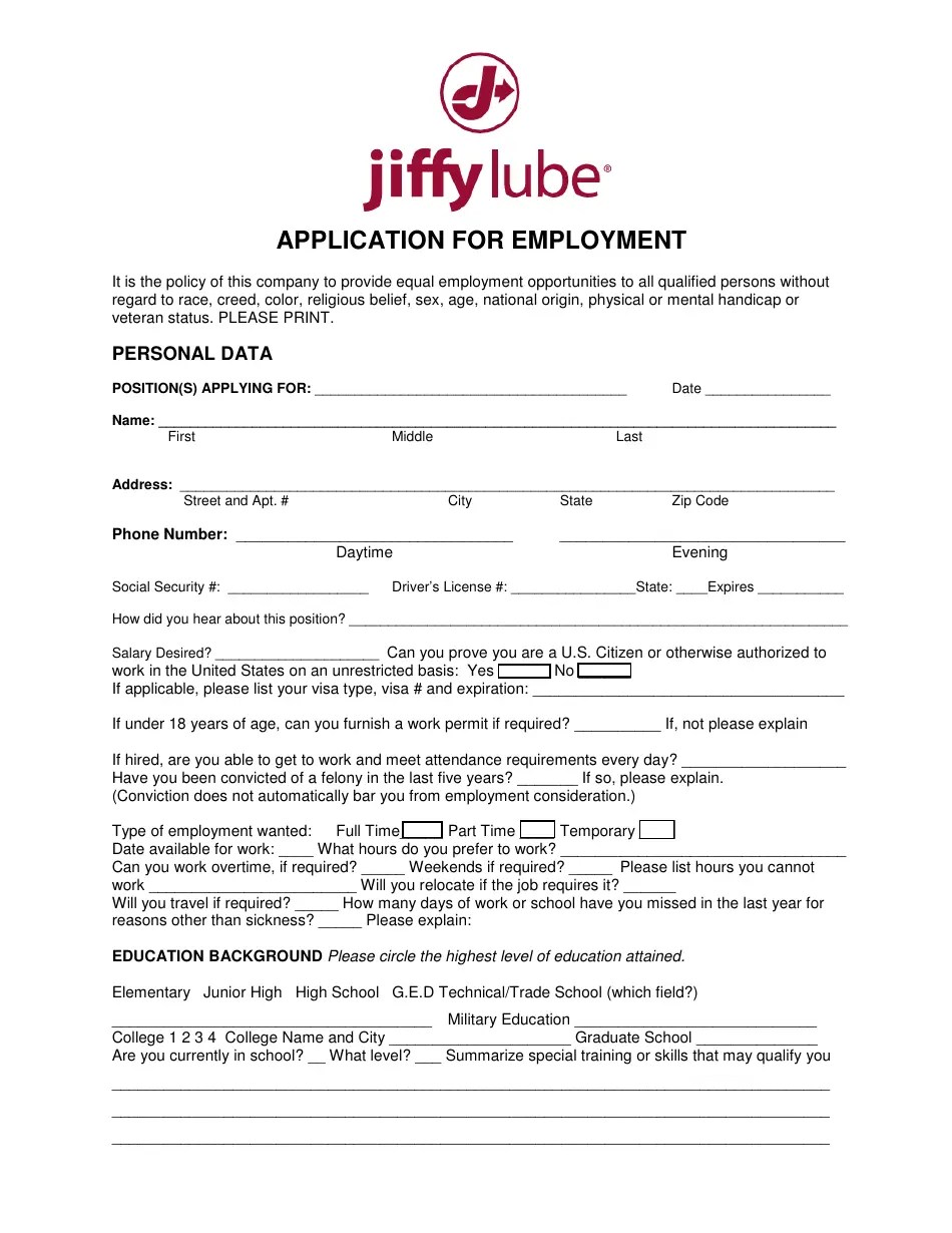 Application for Employment Jiffy Lube Fill Out, Sign Online and