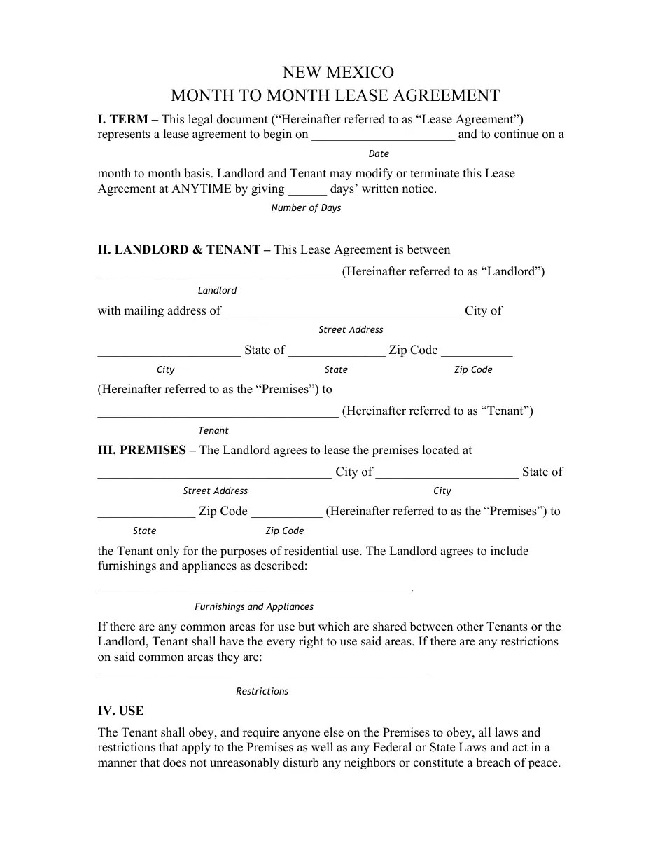 New Mexico MonthToMonth Lease Agreement Template Twenty One Points