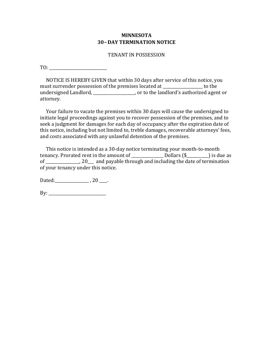 Minnesota 30day Termination Notice Form Fill Out, Sign Online and