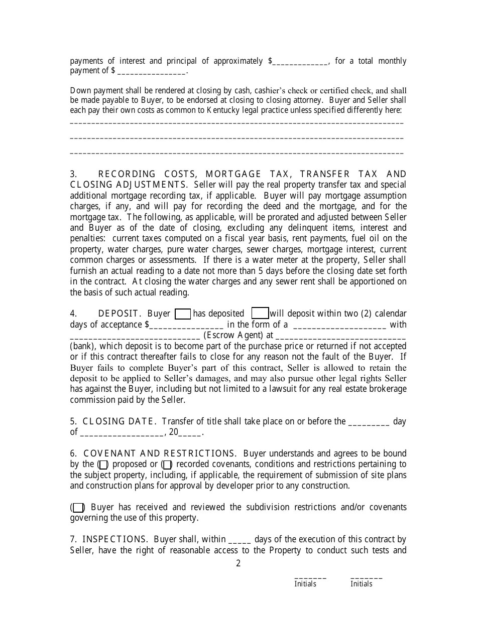 Kentucky Purchase and Sale Contract for Lots and Vacant Land Fill Out
