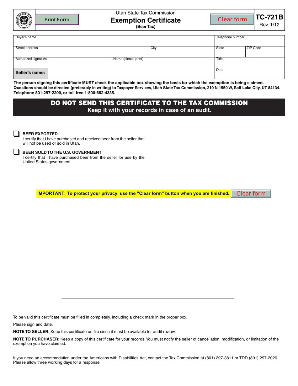 Form TC721B Fill Out, Sign Online and Download Fillable PDF, Utah