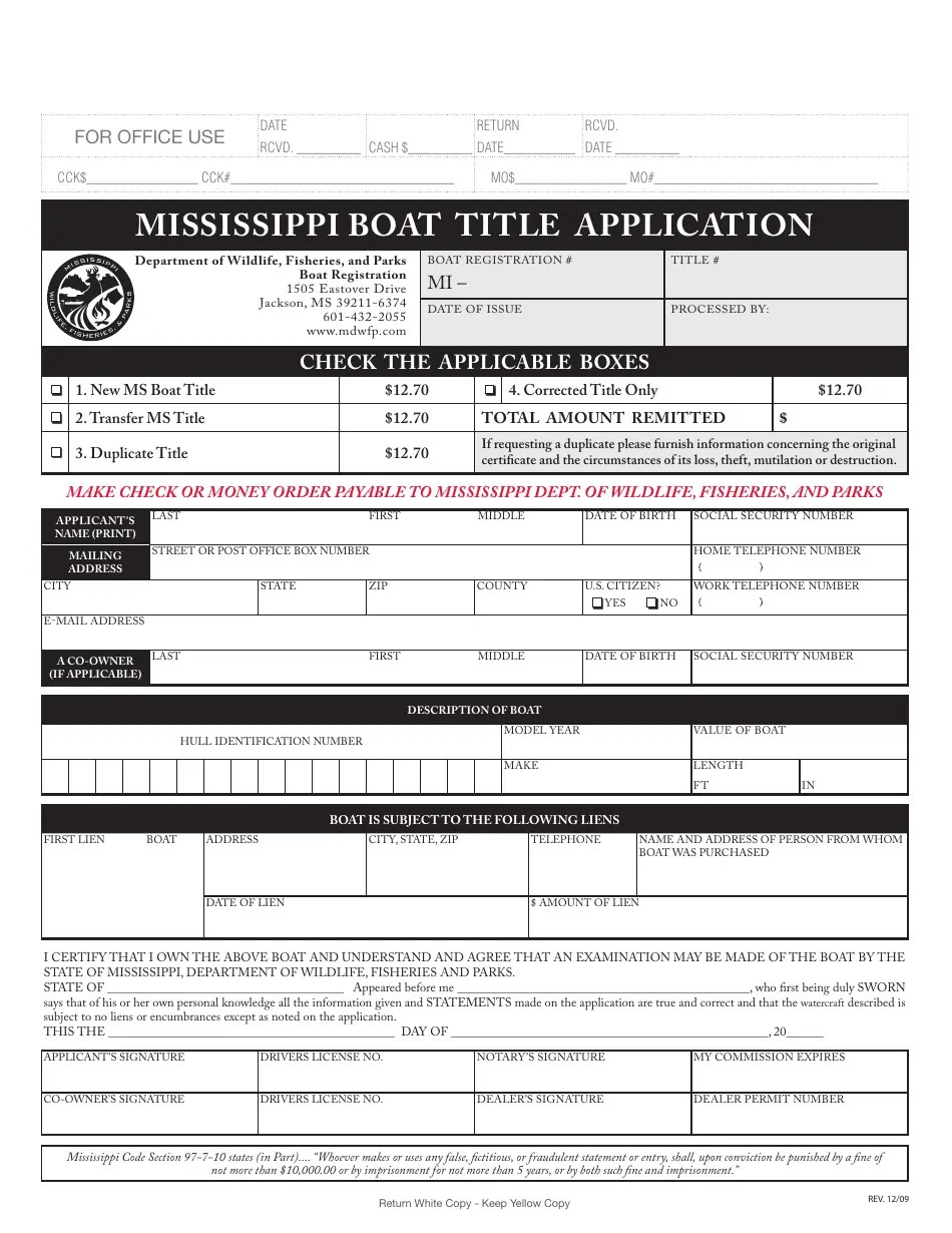 Mississippi Mississippi Motor Title Application Fill Out, Sign Online