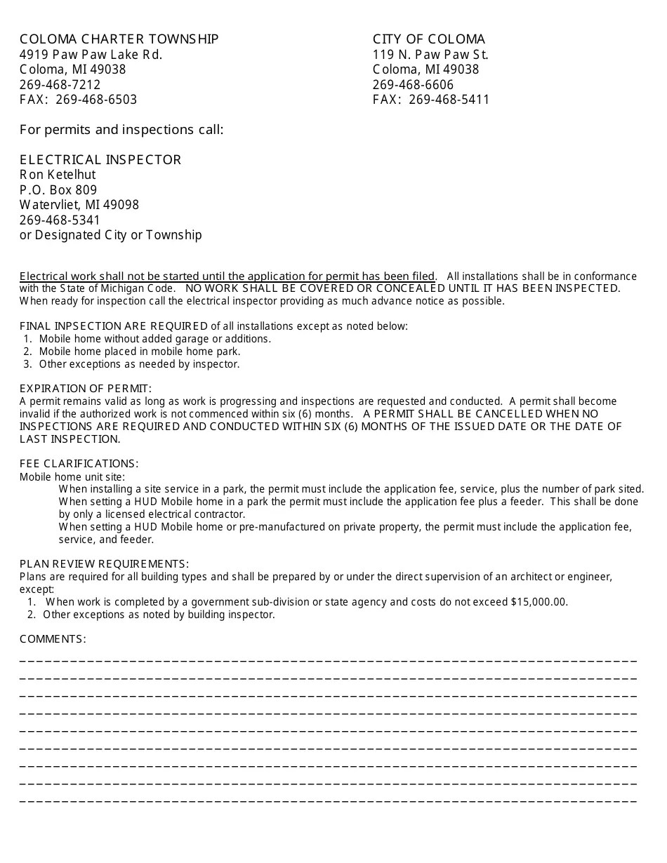 Coloma Township, Michigan Electrical Permit Application and Permit Fill Out, Sign Online and