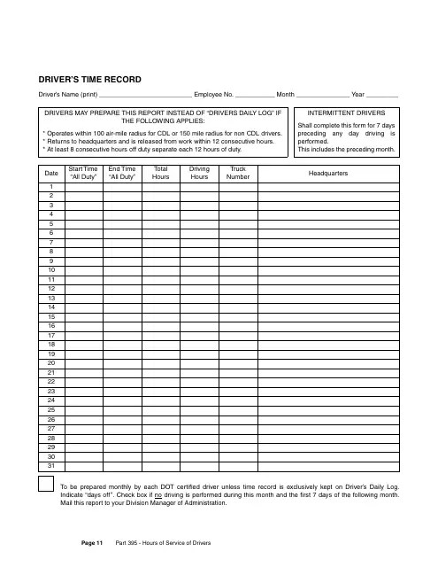 Driver's Time Record Log Template Download Printable PDF | Templateroller