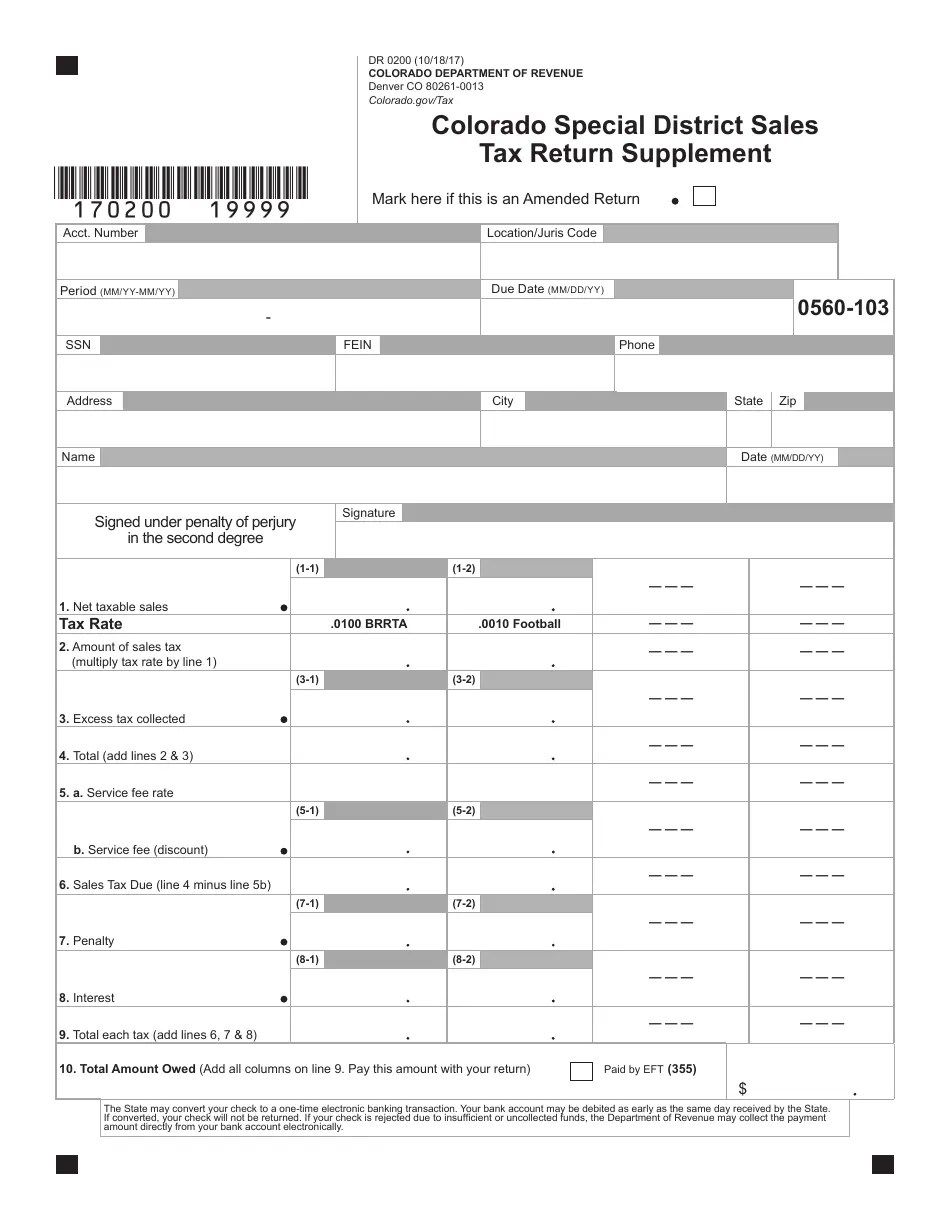 Form DR0200 Download Fillable PDF or Fill Online Colorado Special District Sales Tax Return