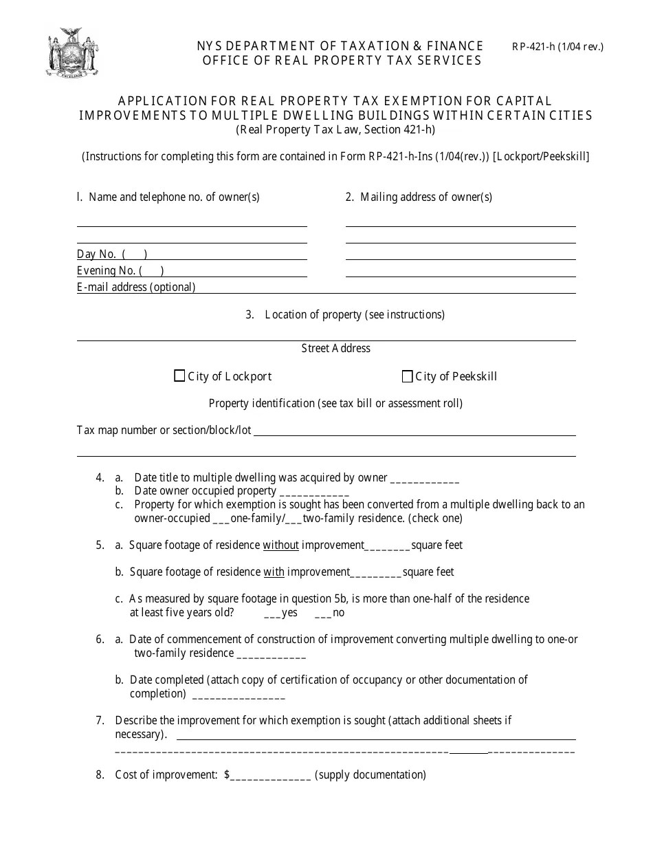 Form RP421H [LOCKPORT/PEEKSKILL] Fill Out, Sign Online and Download Fillable PDF, Cities of