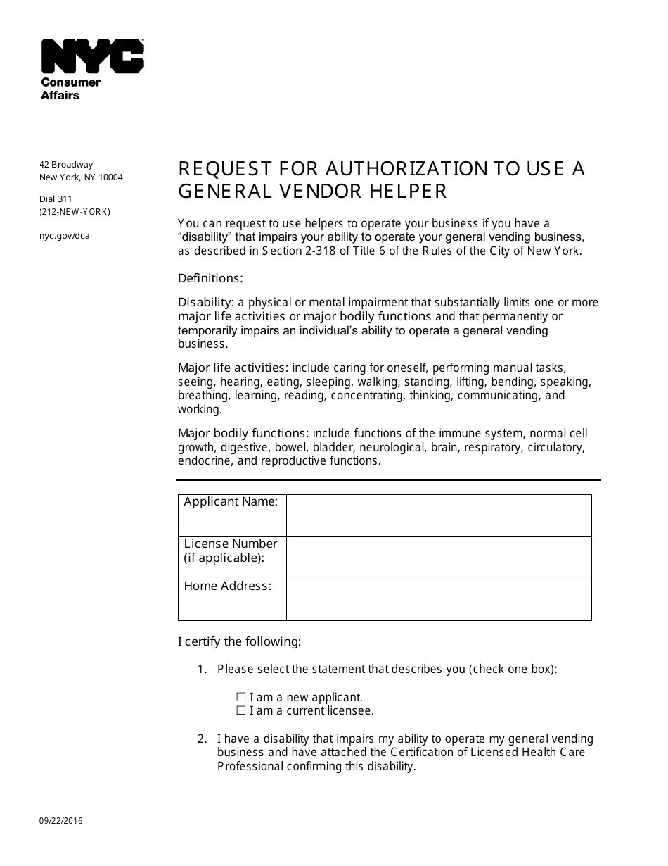 New York City Request for Authorization to Use a General Vendor Helper