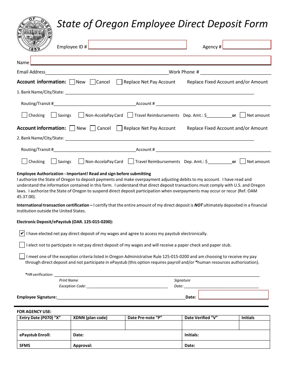 Oregon Employee Direct Deposit Form Fill Out, Sign Online and