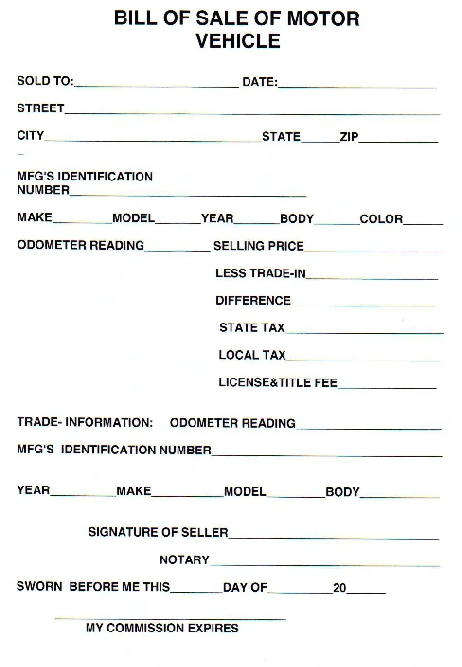 Hancock County, Tennessee Bill of Sale of Motor Vehicle Fill Out