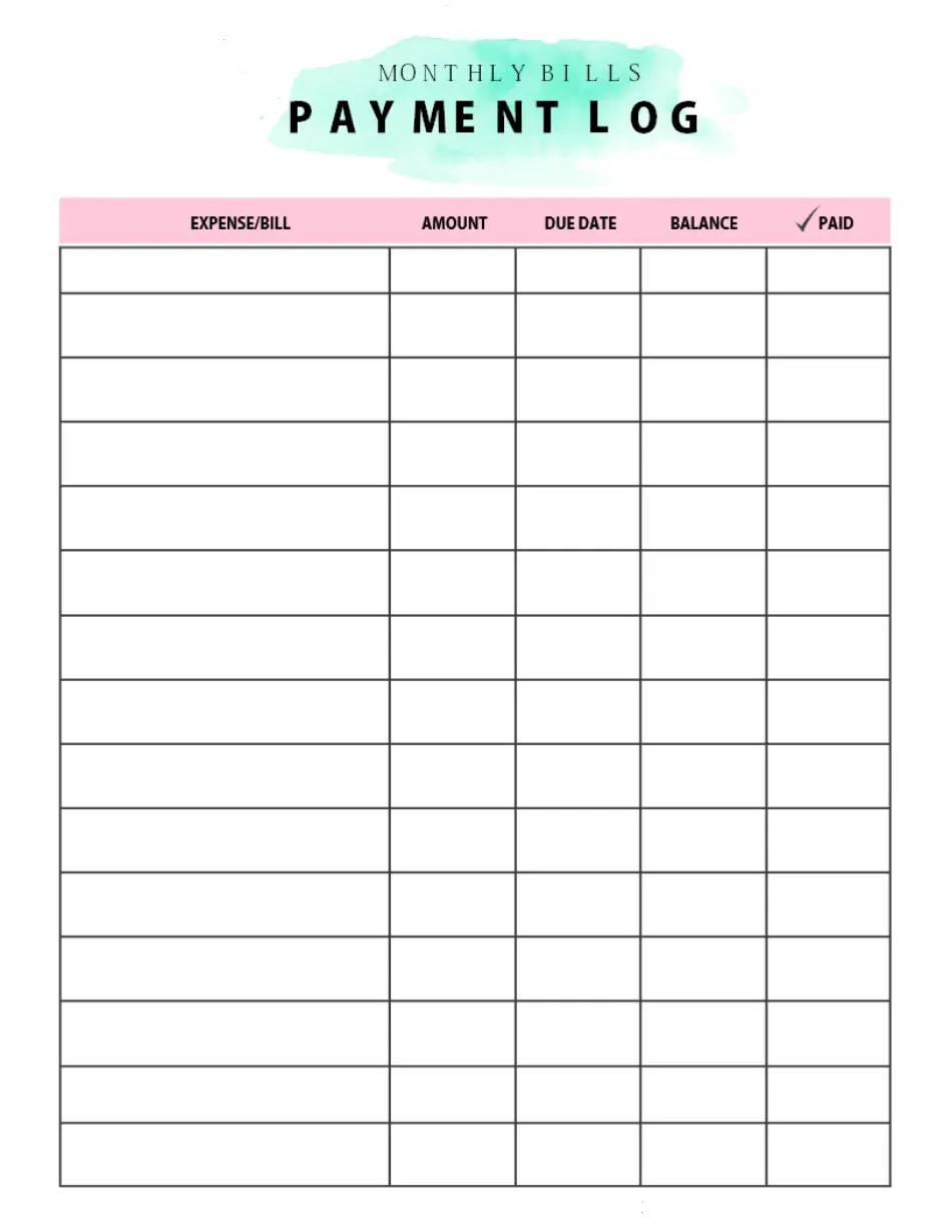 GreenPink Monthly Bills Payment Log Template Download Printable PDF