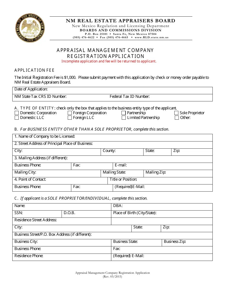 New Mexico Appraisal Management Company Registration Application Fill