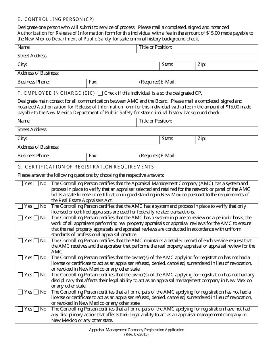 New Mexico Appraisal Management Company Registration Application Fill