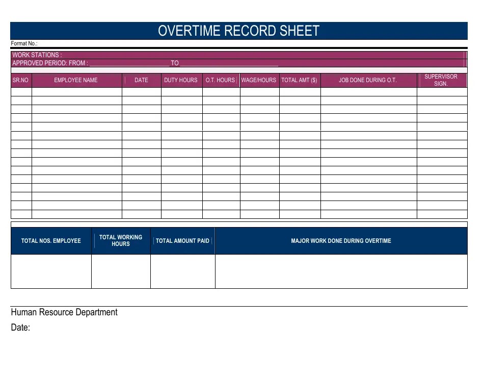 Overtime Record Spreadsheet Template Download Printable PDF