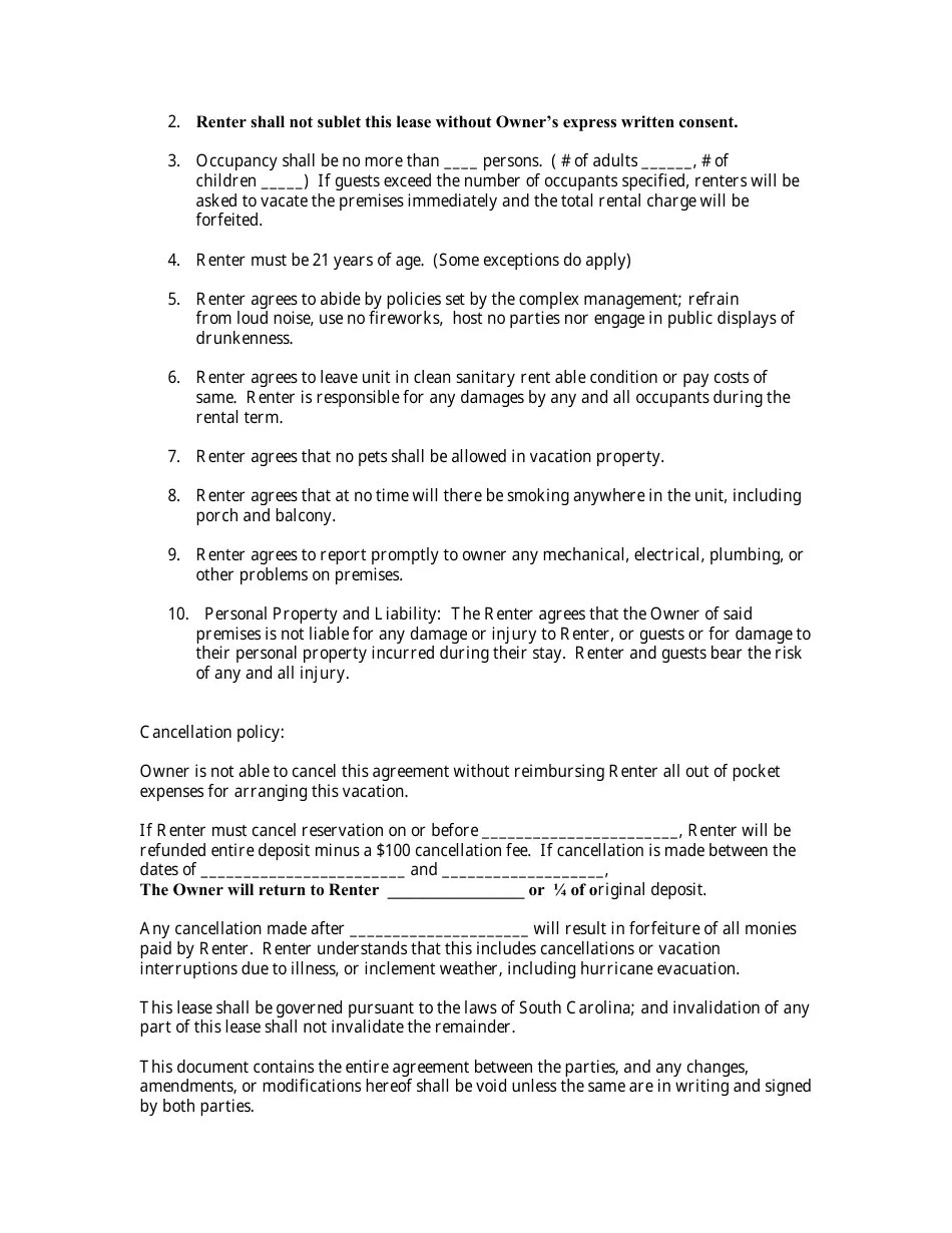 South Carolina Vacation Rental Agreement Template Fill Out, Sign