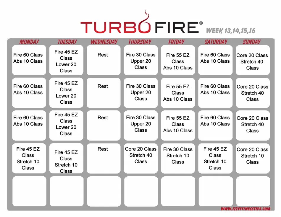 Turbo Fire Schedule Template Week 13, 14, 15, 16 Download Printable