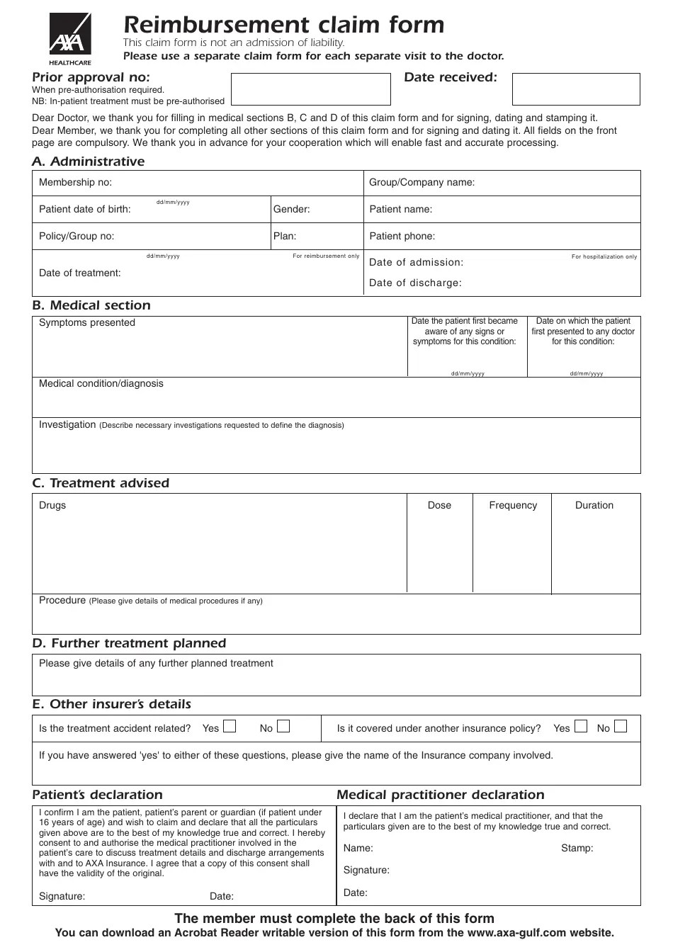 Reimbursement Claim Form Axa Healthcare Fill Out, Sign Online and Download PDF Templateroller